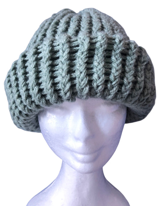 Hand Knit Sage Green Beanie – Chunky Ribbed Winter Hat for Adults
