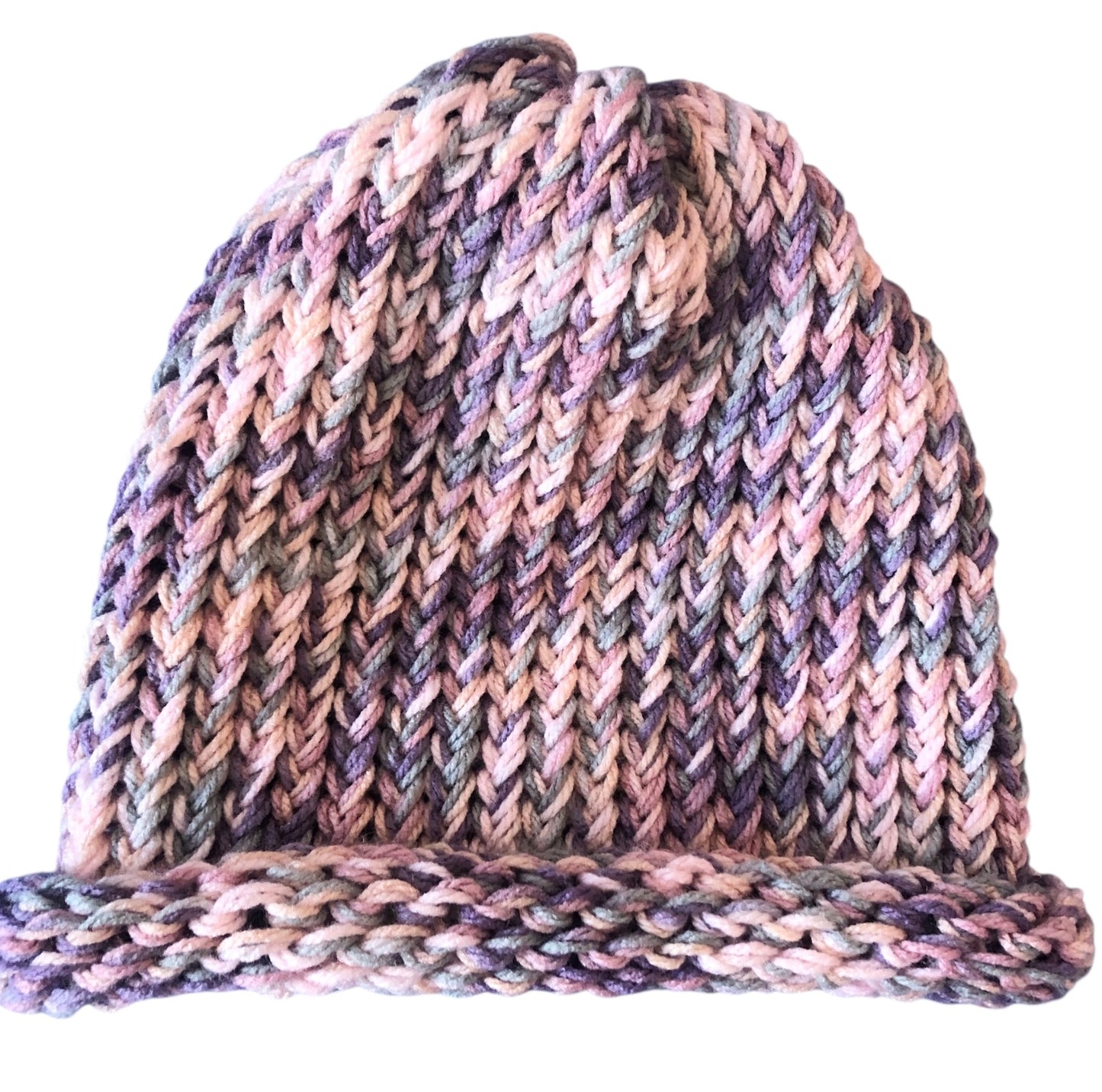 Hand-Knit Chunky Beanie – Soft Blush & Mauve Tone