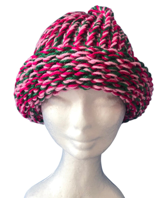 Hand-Knit Rose Garden Beanie – Light & Dark Pink with Green – Adult Size Hat