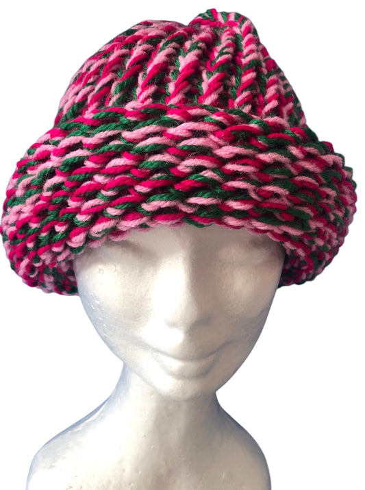 Hand-Knit Rose Garden Beanie – Light & Dark Pink with Green – Adult Size Hat