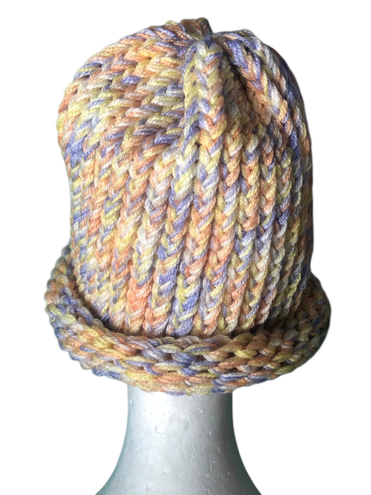 Hand-Knit Sunset Glow Beanie – Yellow, Orange, White & Lavender – Adult Size Hat