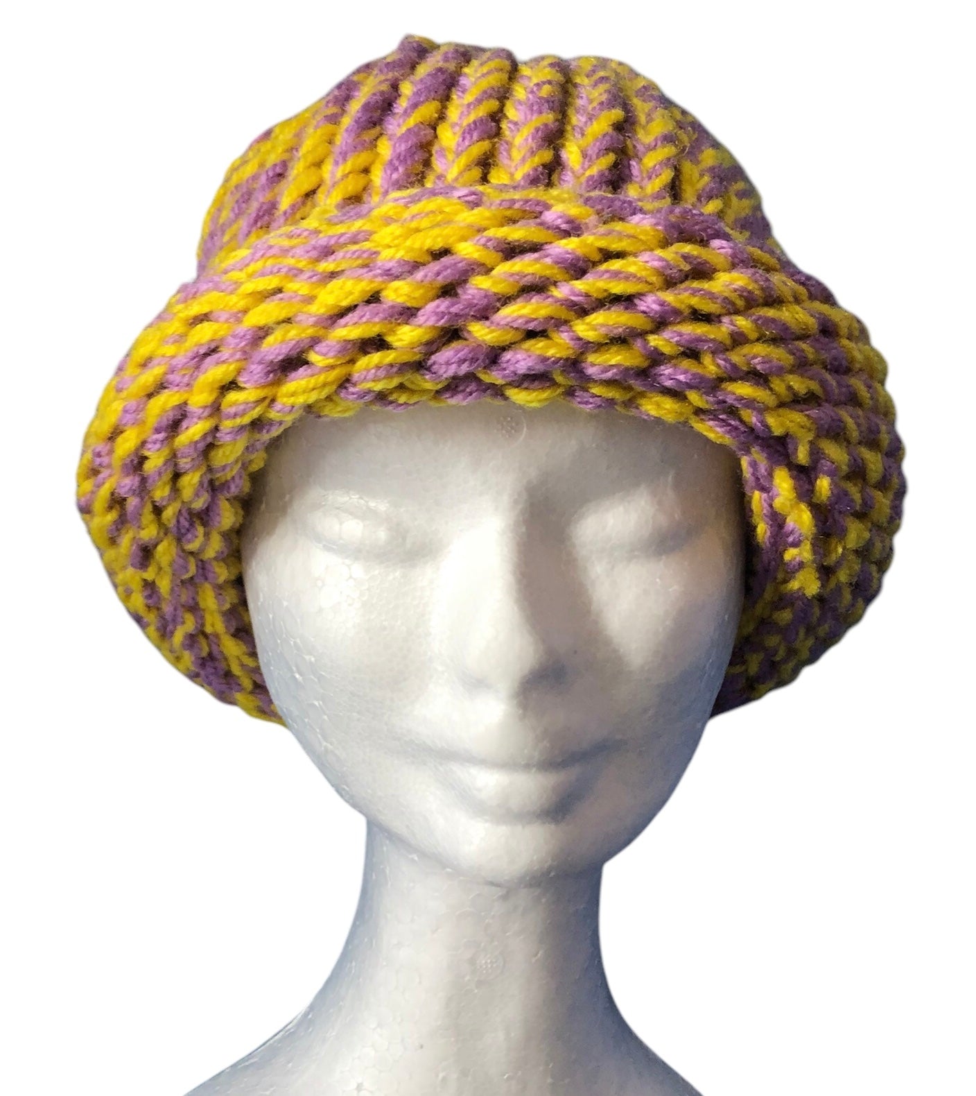 Hand-Knit Easter Colour Beanie – Yellow & Lavender – Adult Size Hat