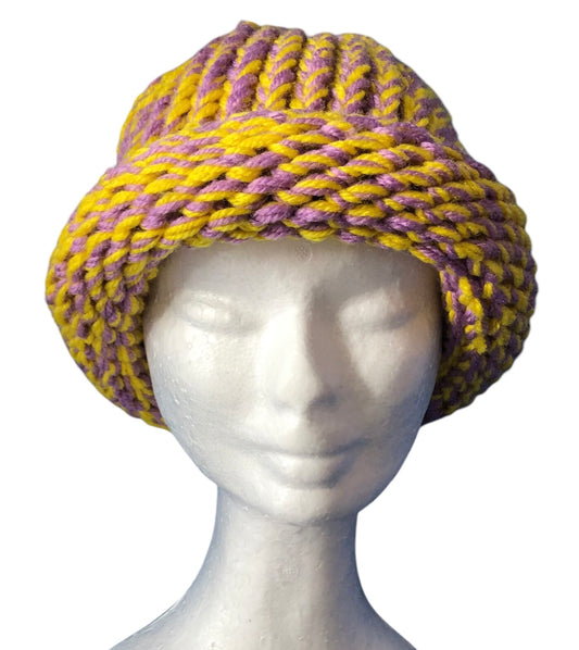 Hand-Knit Easter Colour Beanie – Yellow & Lavender – Adult Size Hat